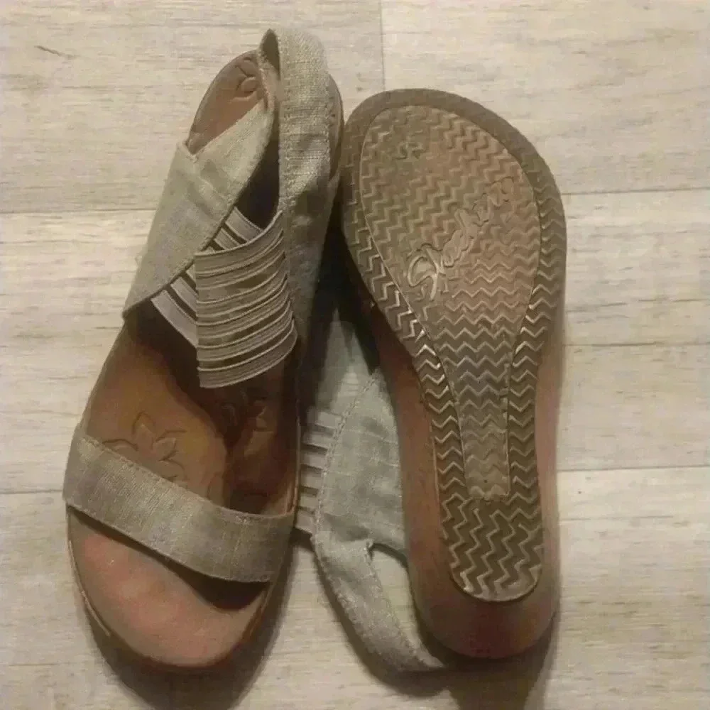 Skechers Cork Wedge Heeled Sandals Luxe Foam Strappy Comfort Platform Size 8